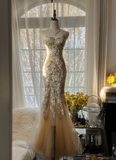 Elegant Mermaid Golden Sparkling Strapless Elegant Beaded Shinny Chiffon Evening Dress Prom Dress HZ0319