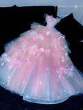 Sparkling Elegant Pink A-Line Tiered Prom Dress Evening Dress Ball Gown HZ0319