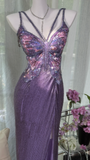Vintage Gorgeous Purple V-neck Shinny Romantic Luxury Spaghetti Strap Evening Dress Prom Dresses, HZ0319