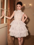 Vintage Beige Applique Design A-line Lace Short Tiered Party Dress Homecoming Dresses HZ0319