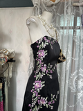 Vintage Black Floral Strapless Design Elegant Sheath Satin Long Evening Dress Prom Dresses HZ0319