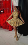 Sparkling Golden Sequin Embroidered Halter Dress Design A-line Applique Party Dresses Homecoming Dresses HZ0319