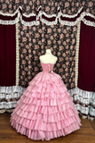 Retro Pink Strapless A-Line Satin Quinceanera Dresses Sweet 16 Birthday Ball Gowns, HZ0319