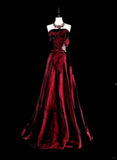 Wine Red Strapless A-Line Satin Long Prom Dress Vintage Evening Dresses, HZ0319
