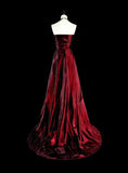 Wine Red Strapless A-Line Satin Long Prom Dress Vintage Evening Dresses, HZ0319