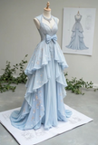 Light Blue Sleeveless A-Line Chiffon Long Evening Party Dress Birthday Outfits, HZ0319
