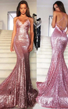 Shiny Pink Mermaid Sequins Backless Long Evening Party Dress Birthday Outfits, HZ0319