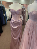 Pink Strapless Mermaid Beaded Satin Long Evening Party Dress Birthday Outfits, HZ0319