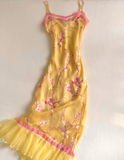 Yellow Spaghetti Straps Sheath Chiffon Long Party Dresses Wedding Guest Dresses, HZ0319