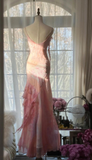 Vintage Pink Straps Mermaid Chiffon Beading Long Evening Party Dresses, HZ0319