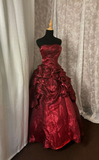 Burgundy Strapless A-Line Chiffon Long Prom Dresses Vintage Ball Gowns, HZ0319