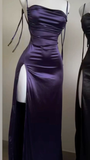 Purple Spaghetti Straps Sheath Satin Long Party Dresses Wedding Guest Dresses, HZ0319