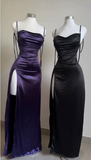 Purple Spaghetti Straps Sheath Satin Long Party Dresses Wedding Guest Dresses, HZ0319