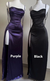 Purple Spaghetti Straps Sheath Satin Long Party Dresses Wedding Guest Dresses, HZ0319