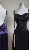 Purple Spaghetti Straps Sheath Satin Long Party Dresses Wedding Guest Dresses, HZ0319