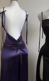 Purple Spaghetti Straps Sheath Satin Long Party Dresses Wedding Guest Dresses, HZ0319