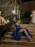 Blue Straps A-Line Satin Ruffles Long Formal Prom Dresses Birthday Dresses, HZ0319