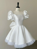 White A-Line Short Sleeves Cute Satin Birthday Dresses Short Party Dresses, HZ0319