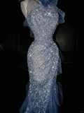 Blue Straps Ruffles Mermaid Beading Long Evening Dress Birthday Outfits, HZ0319