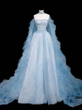 Gorgeous Blue Strapless A-Line Tulle Long Evening Dress Ball Gown Birthday Outfits, HZ0319