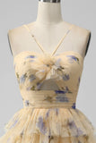 Vintage Yellow Floral Design A-line Spaghetti Strap Tiered Homecoming Dress, HZ0319