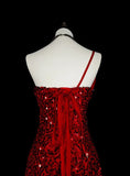Charming Red One Shoulder Mermaid Sequins Vintage Long Evening Party Dress, HZ0319