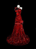 Charming Red One Shoulder Mermaid Sequins Vintage Long Evening Party Dress, HZ0319