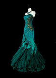 Retro Green Strapless Mermaid Beading Ruffles Vintage Long Evening Party Dress, HZ0319