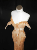 Gold Strapless Mermaid Sequins Beading Long Evening Dress Birthday Outfits, HZ0319