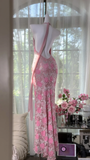 Vintage Gorgeous Pink Floral V-neck Applique Elegant Chiffon Long Evening Dress Prom Dresses HZ0319