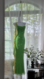 Vintage Shiny Sequin Green Spaghetti Strap Design A-line Romantic Chiffon Evening Dress Prom Dress HZ0319