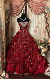 Wine Red Strapless Beading A-Line Retro Long Party Dress Evening Ball Gown, HZ0319