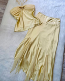 Light Yellow Halter Two Pieces Sheath Satin Long Party Dress Beach Dress, HZ0319