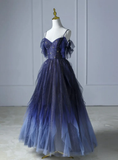 Elegant Green Straps Off Shoulder A-Line Tulle Long Formal Prom Dress, HZ0319