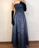 Dark Navy Spaghetti Straps A-Line Beading Long Prom Dress Vintage Party Dress, HZ0319