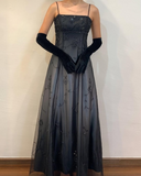 Black Spaghetti Straps A-Line Beading Long Prom Dress Vintage Party Dress, HZ0319