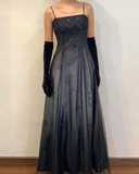 Black Spaghetti Straps A-Line Beading Long Prom Dress Vintage Party Dress, HZ0319