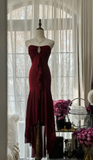 Elegant Burgundy Strapless Mermaid Long Prom Dress Vintage Party Dress, HZ0319