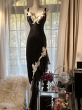 Sexy Black Straps Sheath Lace Long Evening Dress Vintage Party Dress, HZ0319