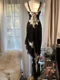 Sexy Black Straps Sheath Lace Long Evening Dress Vintage Party Dress, HZ0319