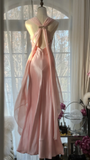 Elegant Pink V Neck Sheath Satin Vintage Long Party Dress Evening Gown, HZ0319