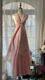 Elegant Pink V Neck Sheath Satin Vintage Long Party Dress Evening Gown, HZ0319