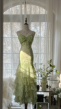 Green Straps Mermaid Tiered Beaing Vintage Long Party Dress Evening Gown, HZ0319