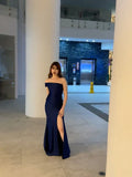 Dark Navy One Shoulder Mermaid Satin Long Party Dress Evening Gown, HZ0319