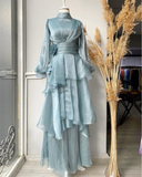 Blue High Neck Long Sleeves A-Line Chiffon Modest Long Formal Party Dress, HZ0319