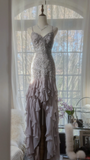 Light Lilac Straps Mermaid Beading Ruffles Long Evening Dress Birthday Outfits, HZ0319