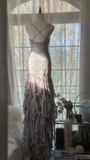 Light Lilac Straps Mermaid Beading Ruffles Long Evening Dress Birthday Outfits, HZ0319