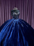 Navy Blue Off Shoulder A-Line Velvet Quinceanera Dress Birthday Ball Gown, HZ0319