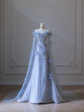 Elegant Blue Off Shoulder A-Line Floral Long Formal Prom Dress Birthday Outfits, HZ0319