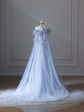 Elegant Blue Off Shoulder A-Line Floral Long Formal Prom Dress Birthday Outfits, HZ0319